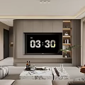 Modern Living Dining Room with Beige Sofa TV Wall Red Armchair and Marble Coffee Table
