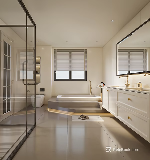Modern Bright Luxury Bathroom With Embedded Bathtub Glass Shower Enclosure And Double Sink Vanity Cabinets 3d model 