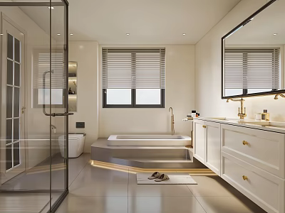 Modern Bright Luxury Bathroom With Embedded Bathtub Glass Shower Enclosure And Double Sink Vanity Cabinets 3d model