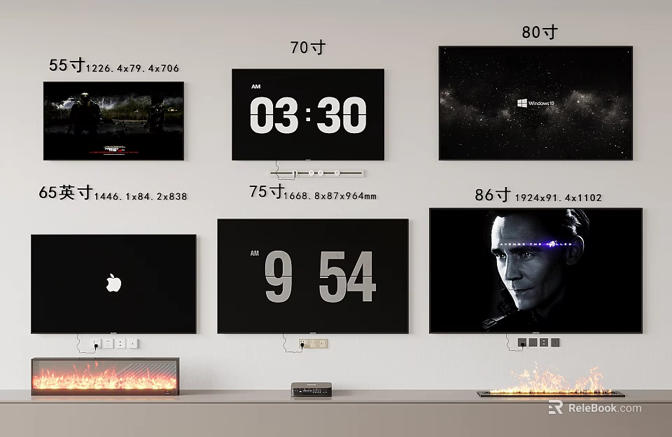 Various Size TVs With 4K HDR 4K 120Hz Resolution Displaying Time And 3d model 