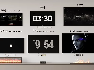 Various Size TVs With 4K HDR 4K 120Hz Resolution Displaying Time And 3d model