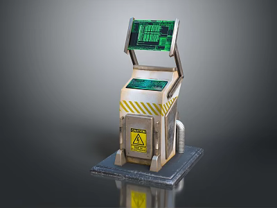 Industrial Digital Equipment With Green Display Warning Sign And Metal Base Stripes 3d model