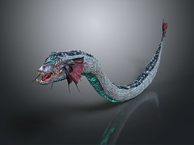 Mythical Snake With Green Black Scales And Red Fins On Fierce Head 3d model