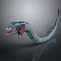 Mythical Snake With Green Black Scales And Red Fins On Fierce Head 3d model