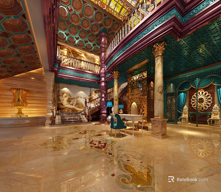 Luxurious Hotel Lobby With Ornate Ceiling Marble Columns Staircase And Elegant Sculptures 3d model 