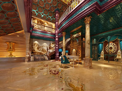 Luxurious Hotel Lobby With Ornate Ceiling Marble Columns Staircase And Elegant Sculptures 3d model