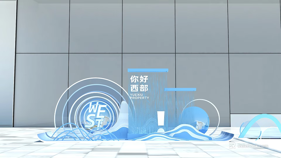 Hello Western Themed Display With Blue Waves Circular Decorations And Gray Wall 3d model