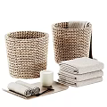 Simple Household Essentials With Woven Baskets Stacked Towels And Ceramic Cup On Tray 3d model