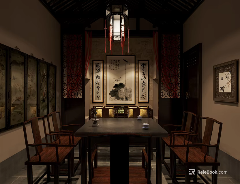 Traditional Chinese Interior With Wooden Tables Chairs Calligraphy Paintings And Lantern 3d model 