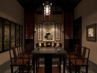 Traditional Chinese Interior With Wooden Tables Chairs Calligraphy Paintings And Lantern 3d model