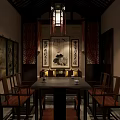 Traditional Chinese Interior With Wooden Tables Chairs Calligraphy Paintings And Lantern