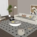 White Sofa and Round Coffee Table Set with Throw Pillows and Black White Checkered Rug 3d model