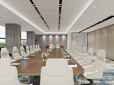 Modern Meeting Room Interior With Long Conference Table And White Leather Chairs 3d model