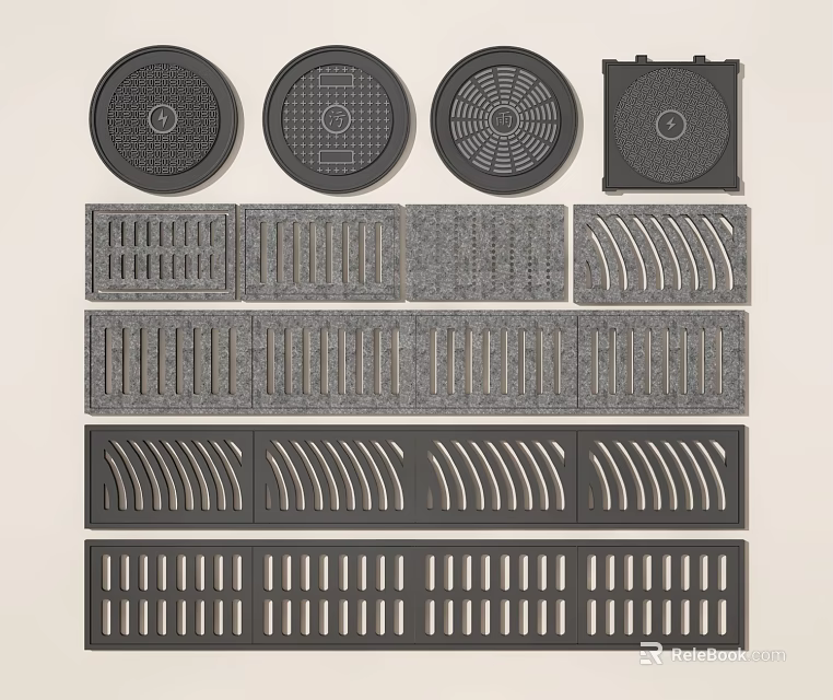 Different Shaped Manhole Covers And Grates With Various Patterns And Designs 3d model 