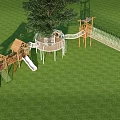 Wooden Outdoor Playground Equipment With Slide Climbing Net And Swing Set In Grass Area With Trees