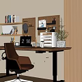 Modern Home Office Desk Interior With Laptop Brown Leather Chair And Bookshelf Decorations