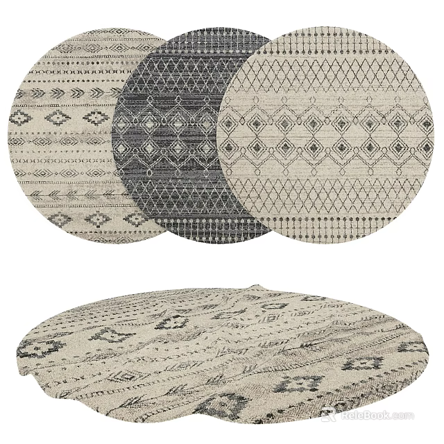 Round Rugs With Geometric Diamond Patterns In Neutral Black And White Tones For Home Interior 3d model 