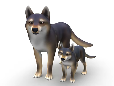 Adult Dog and Puppy Standing Together in Brown and Black Realistic 3D Illustration 3d model