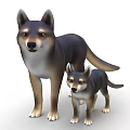 Adult Dog and Puppy Standing Together in Brown and Black Realistic 3D Illustration