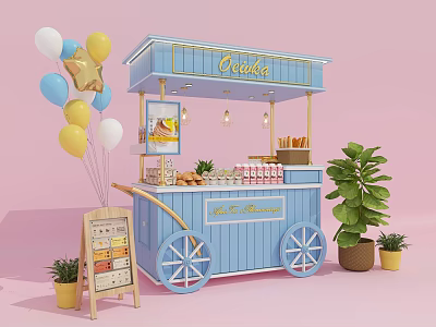 Blue Mobile Food Cart Selling Cookies With Balloons Signboard And Plants 3d model