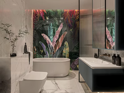 Modern Luxury Bathroom With Vibrant Tropical Plant Mural Freestanding Bathtub And Smooth Marble Decoration 3d model
