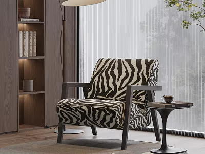 Zebra Print Accent Chair In Modern Living Room With Side Table Floor Lamp And Bookshelf 3d model