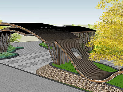 Modern Curved Entrance Gate With Wooden Structure Yellow Trees And Landscaped Ground 3d model