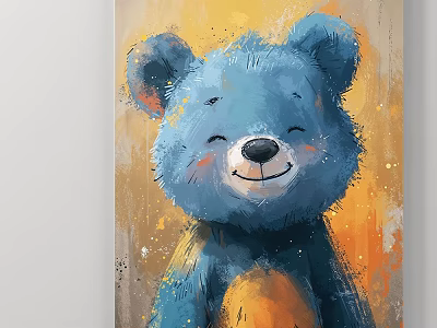 Cute Blue Bear Animal Painting With Smiling Face And Yellow Orange Background Splatter Effects 3d model