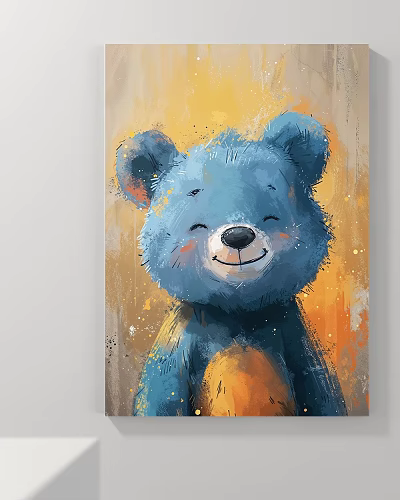 Cute Blue Bear Animal Painting With Smiling Face And Yellow Orange Background Splatter Effects 3d model