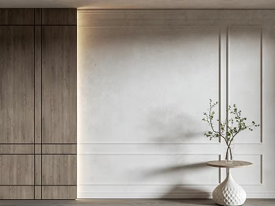 Modern Interior With Wooden Cabinet White Wall Decorative Panels And Green Plant On Table 3d model