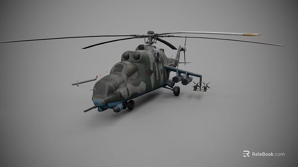 Military Helicopter Featuring Camouflage Paint Large Rotors and Mounted Weapons System 3d model 