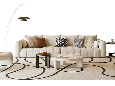 Cream Sofa and Coffee Table Set with Decorative Pillows Arched Lamp on Wavy Pattern Rug 3d model