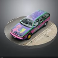 Colorful Graffiti Station Wagon With Pink Green Purple And Side Figure Design On Circular Pavement