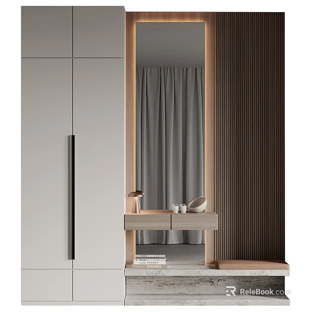 Modern Minimalist Shoe Cabinet With Light Color Sleek Design Mirror And Decorative Table Books 3d model 