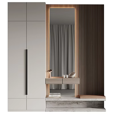 Modern Minimalist Shoe Cabinet With Light Color Sleek Design Mirror And Decorative Table Books 3d model