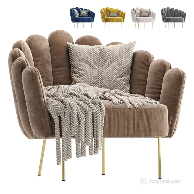 Brown Velvet Single Sofa with Petal Shaped Backrest Golden Metal Legs Herringbone Pillow and Blanket 3d model 