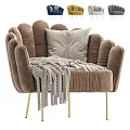 Brown Velvet Single Sofa with Petal Shaped Backrest Golden Metal Legs Herringbone Pillow and Blanket