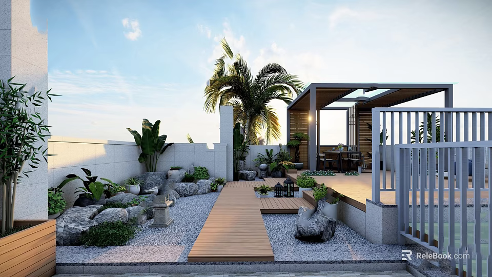 Courtyard Garden Design With Wooden Walkway Stone Decorations Green Plants Palm Tree And Covered Area 3d model 