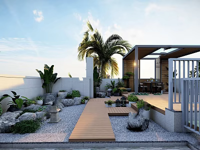 Courtyard Garden Design With Wooden Walkway Stone Decorations Green Plants Palm Tree And Covered Area 3d model
