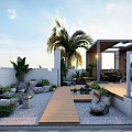 Courtyard Garden Design With Wooden Walkway Stone Decorations Green Plants Palm Tree And Covered Area