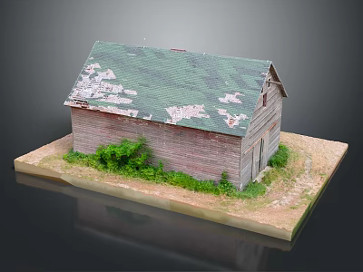 Old Wooden House With Green Roof Peeling Sections And Wooden Walls Near Green Vegetation 3d model