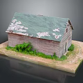 Old Wooden House With Green Roof Peeling Sections And Wooden Walls Near Green Vegetation