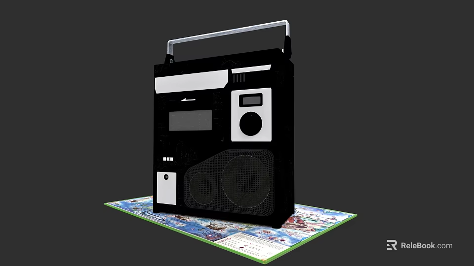 Retro Black Audio System With Handle Dual Speakers And Cassette Deck 3d model 