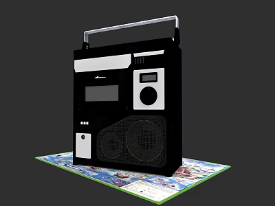 Retro Black Audio System With Handle Dual Speakers And Cassette Deck 3d model