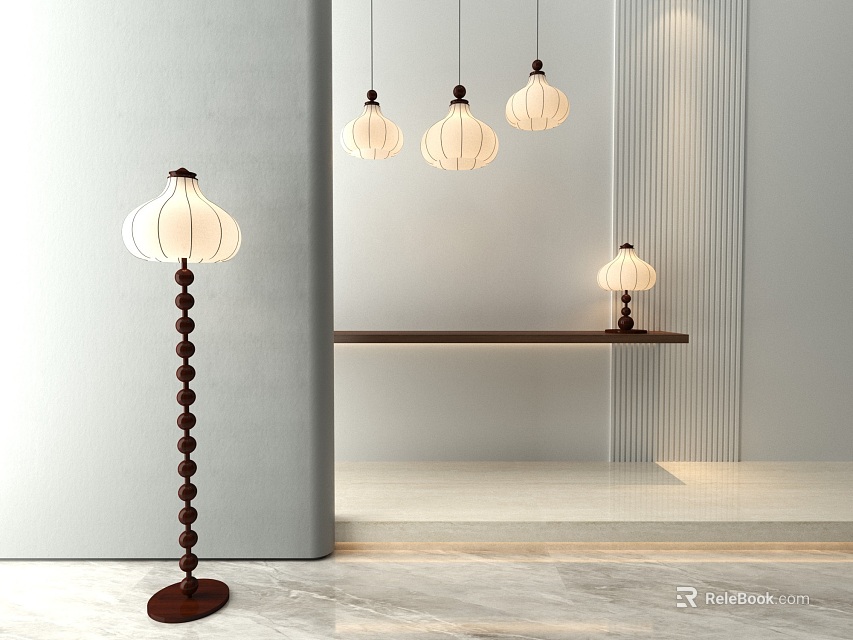 Modern Interior Floor Lamp With White Shade And Hanging Pendant Lights On Marble Floor 3d model 