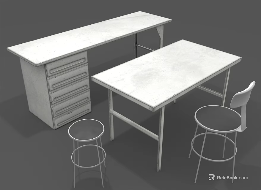 Simple Modern Table and Chair Set with Long Tables Drawers and Metal Frame High Stools 3d model 