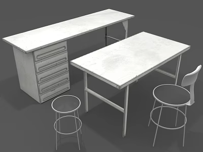 Simple Modern Table and Chair Set with Long Tables Drawers and Metal Frame High Stools 3d model