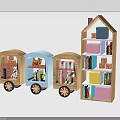 Wooden Bookcase Train Car and House Shape with Books Teddy Bear Colorful Boxes Alphabet Blocks