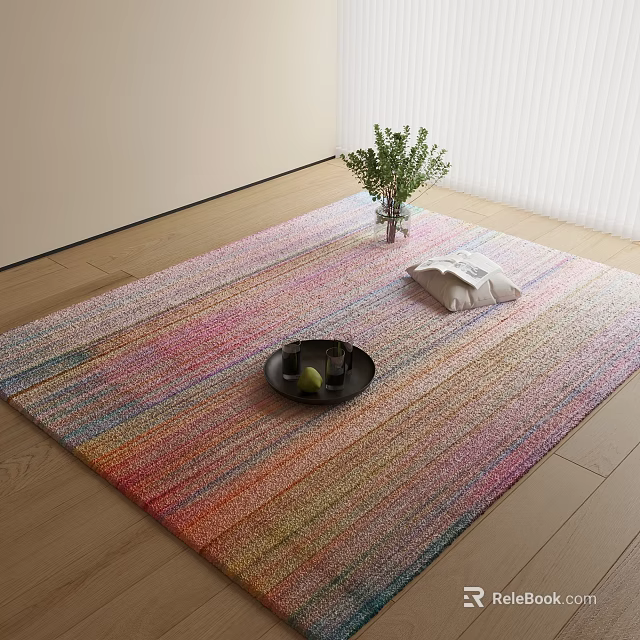 Colorful Striped Square Rug on Wooden Floor with Green Plant Vase Pillow and Black Tray 3d model 