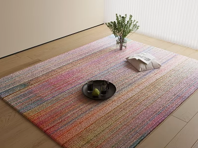 Colorful Striped Square Rug on Wooden Floor with Green Plant Vase Pillow and Black Tray 3d model